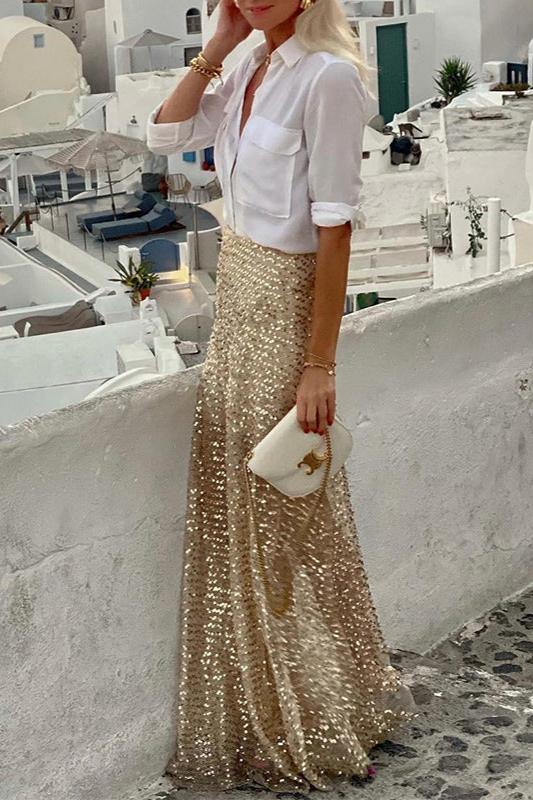 Woochic jupe cocktail paillettes scintillantes couture plissée doré S