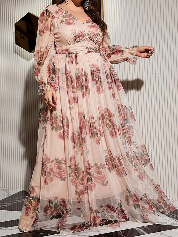 Woochic Robe longue élégante à col en V et manches à volants, grande taille