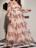 Woochic Robe longue élégante à col en V et manches à volants, grande taille