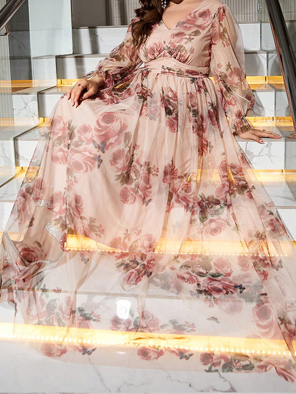 Woochic Robe longue élégante à col en V et manches à volants, grande taille