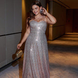 Woochic plus size sparkling sequin evening dress, pink