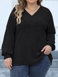 Woochic Haut grande taille col en V rayures manches lanternes noir XL 