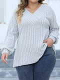 Woochic Haut grande taille col en V rayures manches lanternes gris XL 