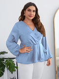 Woochic Haut grande taille en mousseline col en V manches bouffantes cintrée   