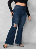 Woochic Pantalon grande taille évasé denim déchiré à bords bruts   