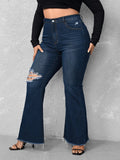 Woochic Pantalon grande taille évasé denim déchiré à bords bruts   