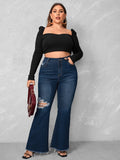 Woochic Pantalon grande taille évasé denim déchiré à bords bruts   