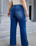 Woochic Pantalon grande taille large denim stretch taille haute   