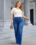 Woochic Pantalon grande taille large denim stretch taille haute   