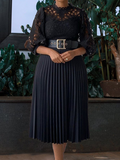 Woochics robe midi élégante en dentelle à col de couleur unie grande taille avec lien à la taille