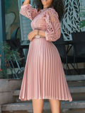 Woochics robe midi élégante en dentelle à col de couleur unie grande taille avec lien à la taille