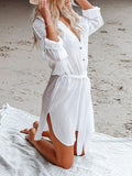 Woochic blouse boutonnage avec ceinture col chemise femme décontracté cover up de plage