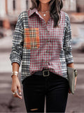 Woochic blouse carreaux couleur bloc avec poches boutonnage col cheminée femme mode