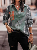 Woochic blouse carreaux couleur bloc avec poches boutonnage col cheminée femme mode