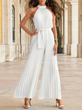 Woochic Jumpsuits Pleated Wide Legs Flared Belt Halter Sleeveless Women Fashion