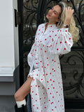 Woochic Heart Print Long Sleeve Dress with Mid-High Neck