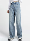 Woochic jeans droit larges jambes évasé avec poches taille haute femme décontracté