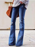 Woochic jeans longue bootcut évasé avec poches genou déchiré mode femme denim pantalons
