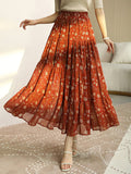 Woochic long chiffon skirt with floral print and ruffles, women's fashion, nacarat