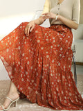Woochic jupe longue mousseline imprimé à fleurie à volantée femme mode nacarat