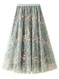 Woochic long elegant floral embroidered tulle skirt for women