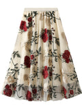 Woochic long floral embroidered tulle skirt for elegant vintage woman