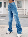 Woochic longue jeans déchiré troué taille haute ample mode femme pantalons