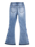 Woochic longue jeans flare évasé fleurie avec poches mi taille femme mode