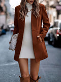 Woochic manteau en laine avec poches col cheminée manches longues femme élégant Marron S 