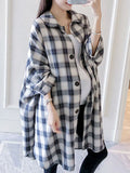 Woochic mi-longue blouse robe coton carreaux boutonnage col revers femme lâche chemisier