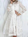 Woochic mi-longue robe broderie anglaise ceinture boutonnage élégant bal de promo blanche chemisier robe