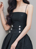 Woochic mi-longue robe jacquard avec strass à fines brides élégant soirée noir