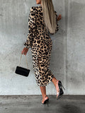 Woochic mi-longue robe léopard fendue cuisse décolleté plongeant manches bouffantes manches longues élégant de cocktail
