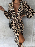 Woochic mi-longue robe léopard fendue cuisse décolleté plongeant manches bouffantes manches longues élégant de cocktail