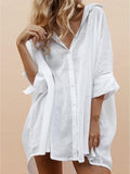 Woochic midi-longue blouse en lin coton boutonnage manches 3/4 femme casual chemisier