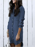 Woochic midi longue blouse robe en jean boutonnage avec poches col revers femme mode boyfriend