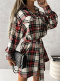 Woochic mini blouse robe carreaux boutonnage avec poches ceinture mode femme surchemise