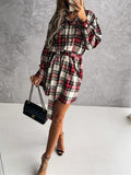 Woochic mini blouse robe carreaux boutonnage avec poches ceinture mode femme surchemise