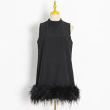 Woochic sleeveless straight ostrich feather mini dress with mid-high collar, cocktail