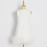 Woochic sleeveless straight ostrich feather mini dress with mid-high collar, cocktail