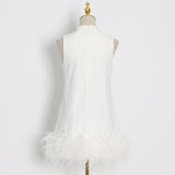 Woochic sleeveless straight ostrich feather mini dress with mid-high collar, cocktail