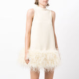 Woochic sleeveless straight ostrich feather mini dress with mid-high collar, cocktail