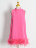 Woochic sleeveless straight ostrich feather mini dress with mid-high collar, cocktail