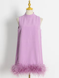 Woochic sleeveless straight ostrich feather mini dress with mid-high collar, cocktail