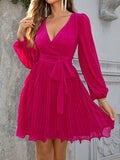 Woochic mini-robe mousseline plissé v-cou manches longues cocktail rose framboise