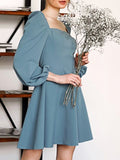 Woochic mini-robe trapèze col carré manches bouffantes élégant bal de promo bleu