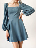 Woochic mini-robe trapèze col carré manches bouffantes élégant bal de promo bleu