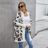 Woochic leopard print straight collar long sleeve cardigan sweater