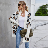 Woochic leopard print straight collar long sleeve cardigan sweater