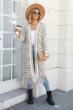 Woochic striped straight collar cardigan sweater with fringes, long